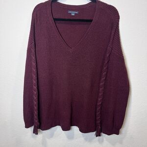 American Eagle Burgundy Tassel Sleeve V Neck Western Boho Sweater Women Size XL